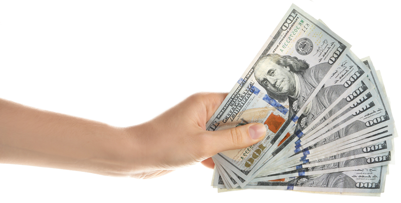 Hand holding a fanned out stack of $100 dollar bills