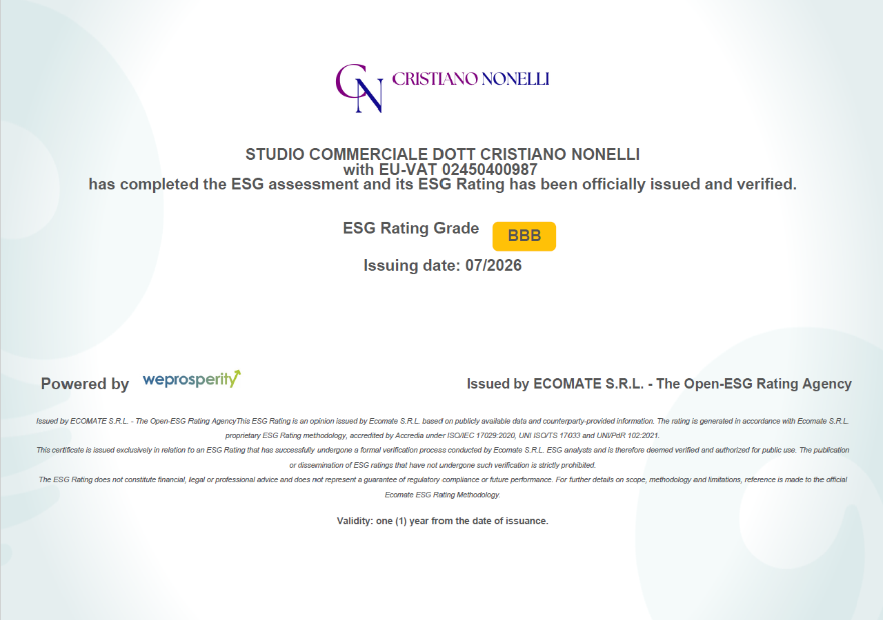 Certificazione ESG rating grad BBB Studio Nonelli